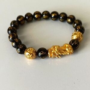 Feng Shui Wealth Bracelet REAL Obsidian engraved MANTRA + 18K Gold Plated Pi Yao